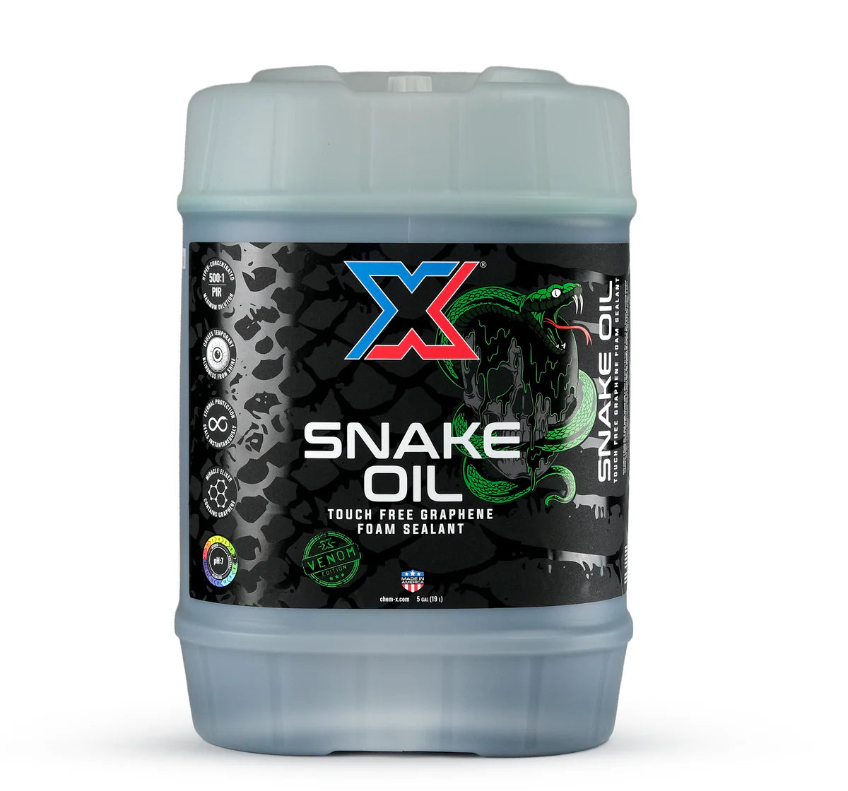 Container of Snake Oil touch-free graphene foam sealant with a black label featuring branding and product details.